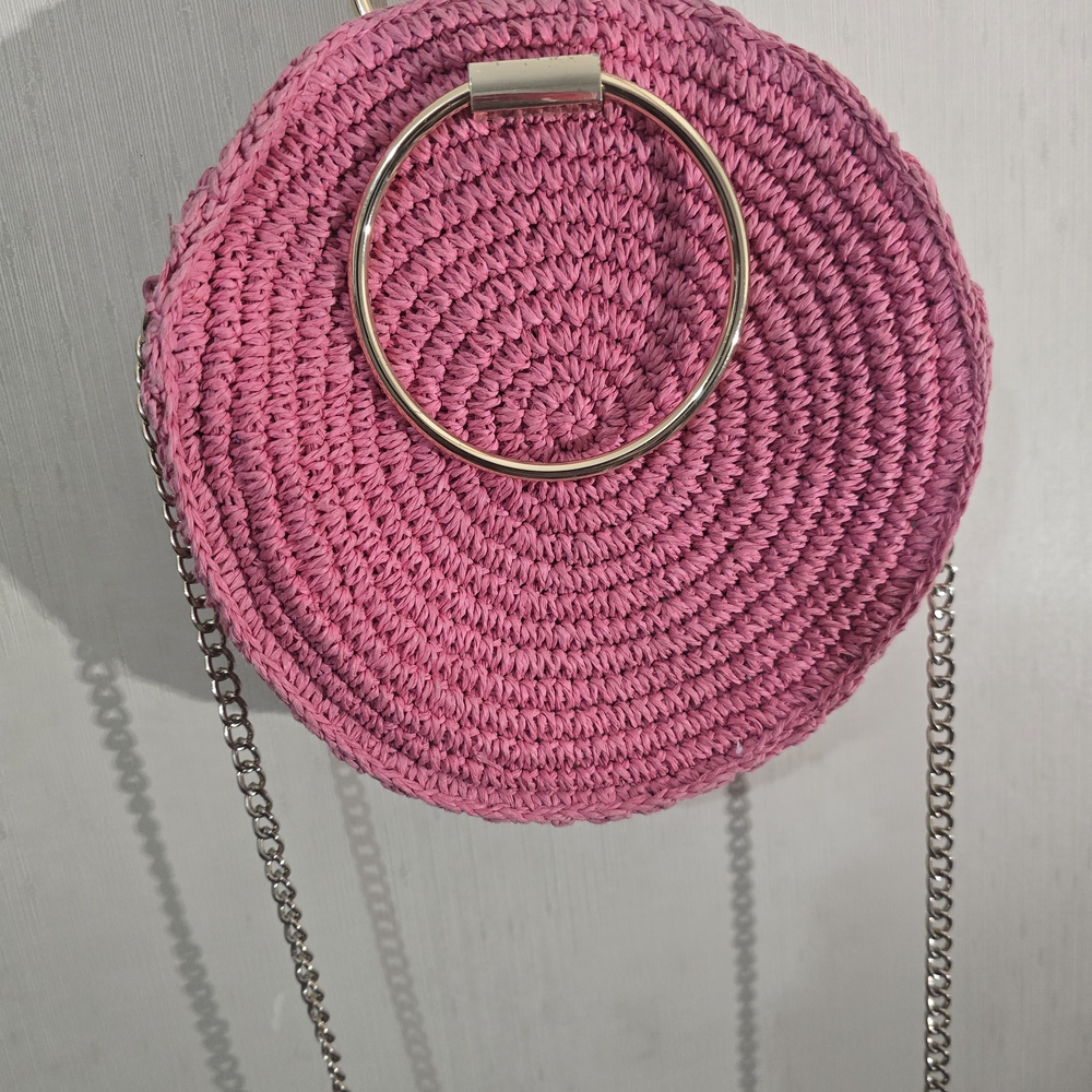 H&M Pink Circular Woven Bag with Silver Chain